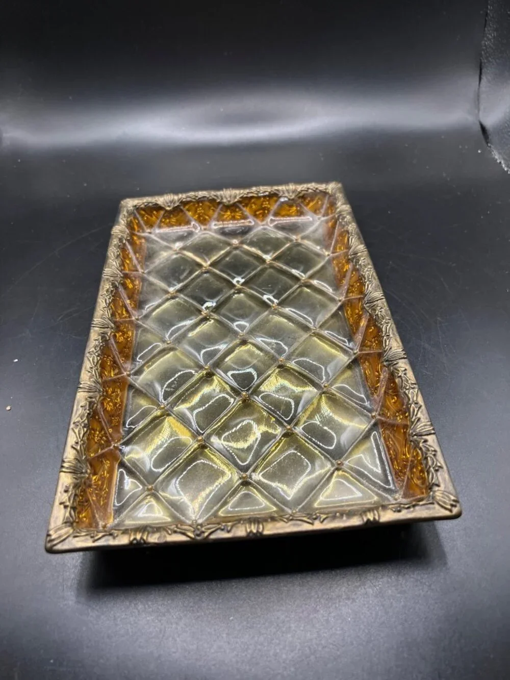 Vintage GoldTone Lucite Vanity Tray Quilted Diamond Pattern Ornate Floral Border